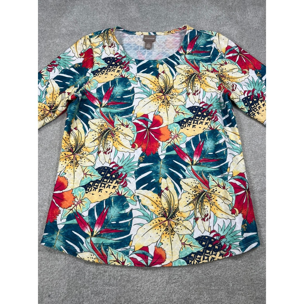 Chicos Tropical Floral Knit Top Womens 1 M Short Sleeve Scoop Neck - Picture 3 of 8